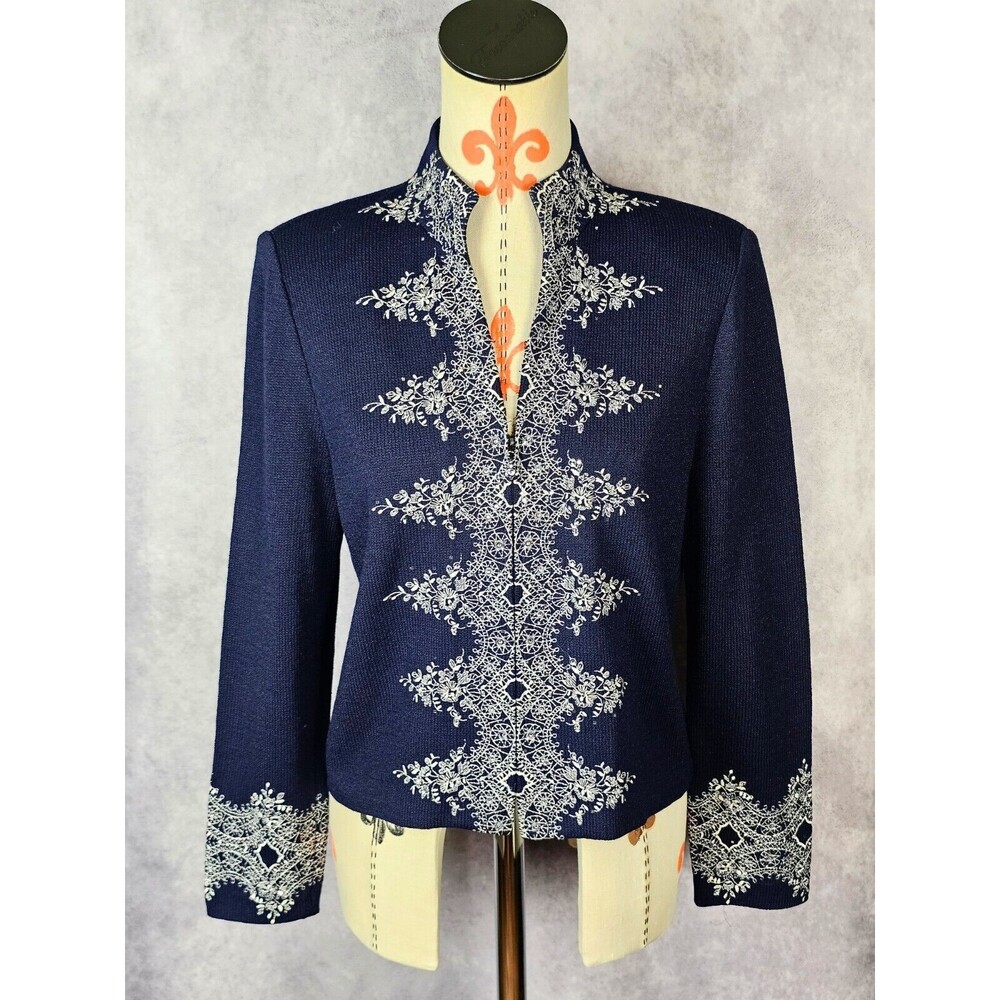 Gorgeous St. John Evening Women 8 Jeweled Embroidery Zip Up Cardigan Jacket EUC